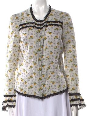 💐 Anna Sui Floral Lace Trim Mock Neck Blouse M Boho Romantic Top